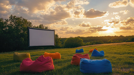 Vibrant bean bags set up in an open field, with screen ready for movie night under a cloudy skyの素材