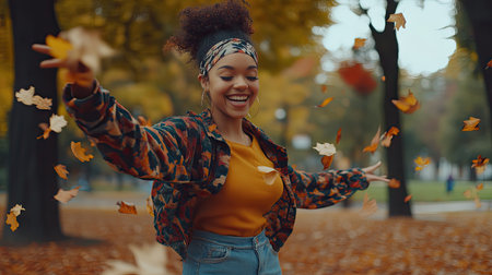 Young woman with headband and casual attire, dancing in a park with autumn leaves falling around her. Joyful, carefree vibeの素材
