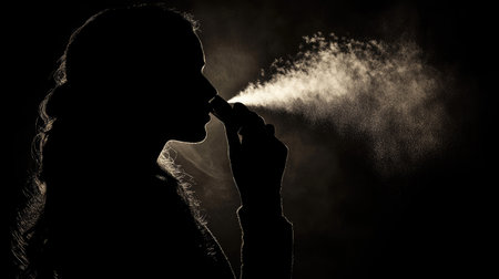 Woman's silhouette spraying luxury perfume in the dark, fine mist visible as it catches the lightの素材