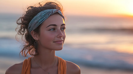 Young woman with a headband, enjoying a walk along a beach at sunset. Soft, warm colors with ocean waves in the backgroundの素材