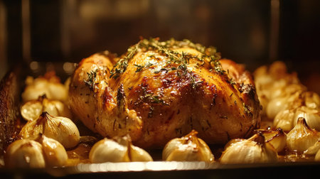 Whole turkey roasting in the oven, golden skin and herbs on top, surrounded by baked garlic clovesの素材