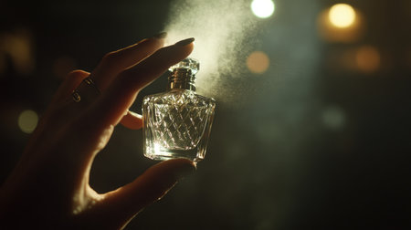 Woman's hand holding a crystal perfume bottle, spraying a mist of fragrance in dim lightingの素材