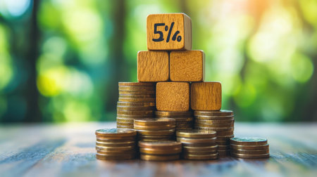 Wooden cube with a percent sign on top of a stack of coins, symbolizing investment returnsの素材