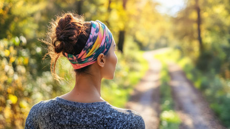 Young woman in an athletic outfit with a headband, jogging along a forest trail on a sunny day. Healthy, active lifestyleの素材