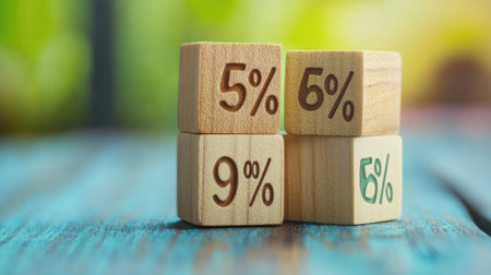 Wooden cubes with percent signs balanced in a row, symbolizing stability and financial planningの素材