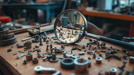 Magnifying glass over tiny screws and bolts, set on a workbench filled with tools and mechanical partsの素材