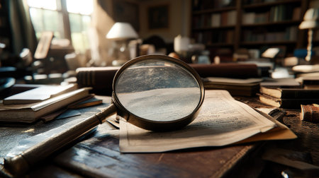 Magnifying glass lying on a desk with scattered books and papers, evoking a sense of investigationの素材