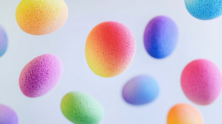 Rainbow makeup sponges floating in mid-air, as if falling, against a light backgroundの素材