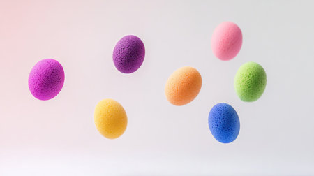 Rainbow makeup sponges floating in mid-air, as if falling, against a light backgroundの素材
