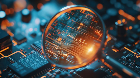 Magnifying glass highlighting small details on a circuit board, illustrating tech and electronics focusの素材