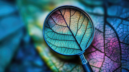Magnifying glass revealing the fine details on a leaf's texture, set against a vibrant nature backgroundの素材