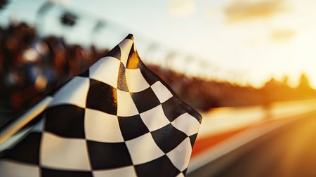 A checkered flag in focus with a crowd blurred in the background, representing the excitement of the finish.の素材