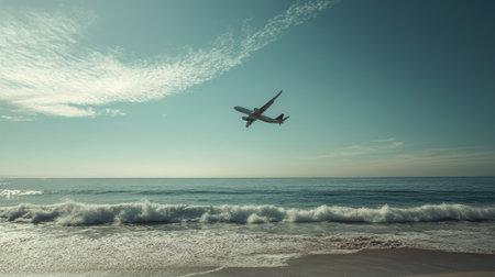 Airplane soaring above, viewed from the beach with ocean waves and clear skies in the background. A relaxing, tropical vibeの素材