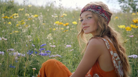 Young woman wearing a boho-style headband, sitting in a field of wildflowers. Bright, sunny day with natural colorsの素材