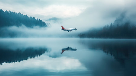 Airplane gliding above a calm lake, with the plane's reflection mirrored in the water. Soft colors and tranquil moodの素材