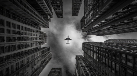 Airplane seen flying overhead with tall skyscrapers creating a tunnel effect below. Dramatic urban feelの素材