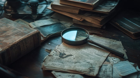 Magnifying glass lying on a desk with scattered books and papers, evoking a sense of investigationの素材