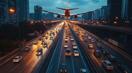 Airplane gliding above a busy highway with cars driving below, capturing the fast-paced energy of city lifeの素材
