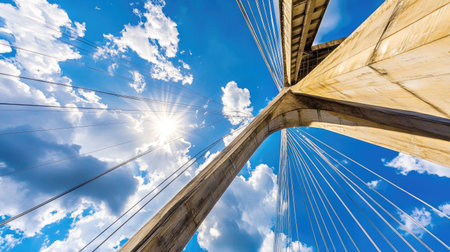 Angled shot of bridge support cables pointing to a vivid blue sky, showcasing precision in engineering.の素材