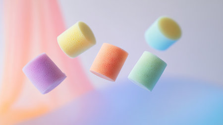 Rainbow makeup sponges floating in mid-air, as if falling, against a light backgroundの素材