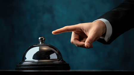 A hand wearing a suit reaching toward a service bell, emphasizing professional and attentive service.の素材