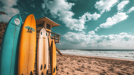 A group of surfboards standing upright near a lifeguard tower, waves rolling in under a partly cloudy skyの素材
