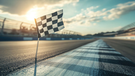 A checkered flag against a blurred racetrack, symbolizing the competitive spirit of motorsport.の素材