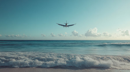 Airplane soaring above, viewed from the beach with ocean waves and clear skies in the background. A relaxing, tropical vibeの素材