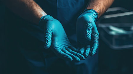 A man's hands in nitrile gloves handling medical equipment, focusing on the importance of hygiene.の素材
