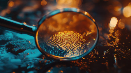Magnifying glass enhancing the details of a fingerprint, symbolizing forensics and investigationの素材