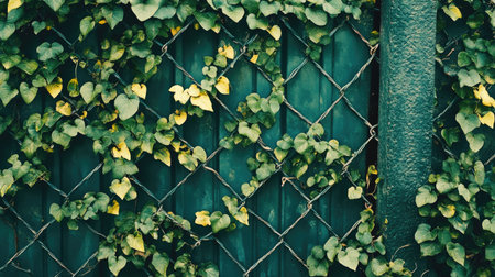 A detailed shot of a metal fence with nature on the other side, symbolizing separation from greenery.の素材