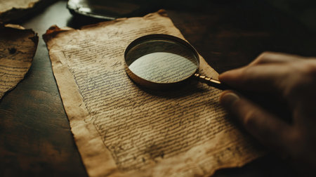 Magnifying glass zooming in on historical document details, with a vintage aesthetic and dark backgroundの素材