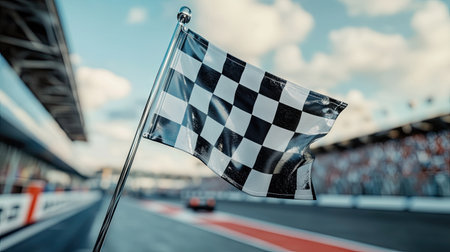 A checkered flag hanging over the edge of a race podium, highlighting the celebration of victory.の素材