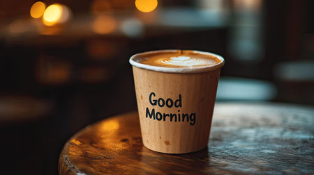 A paper cup of coffee with Good Morning written on it, set on a rustic wooden table with warm lightingの素材