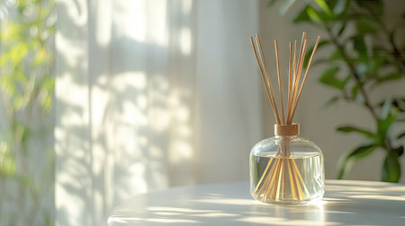 Bamboo stick air freshener bottle on a white table, natural sunlight streaming through the backgroundの素材
