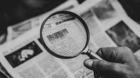 Hand holding a magnifying glass over a newspaper, zooming in on specific words in black and whiteの素材