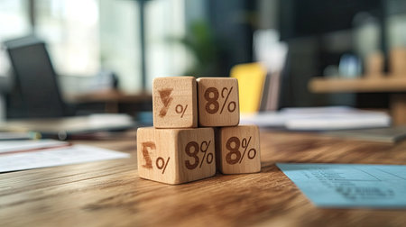 Close-up of wooden cubes with percent symbols, set on a table with office supplies in the backgroundの素材