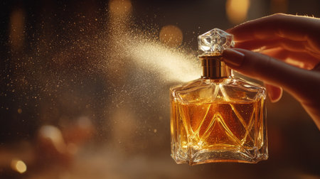 Hand gracefully holding luxury perfume bottle, spraying mist in front of a rich, dark backgroundの素材