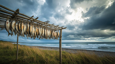 Fish hanging to dry in the sea breeze on a coastal rack, with dramatic clouds overheadの素材