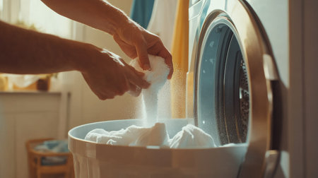 Hands loading detergent powder into washing machine, cozy laundry room with clothes in the backgroundの素材