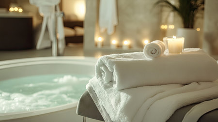 Bathrobes neatly folded on a chair near a whirlpool, with spa candles casting a soft glowの素材
