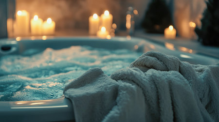 Close-up of fluffy bathrobes hanging near a luxurious whirlpool, candles glowing softly aroundの素材