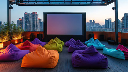 Open-air cinema setup on a rooftop terrace with bean bags in a variety of colors, cityscape viewの素材