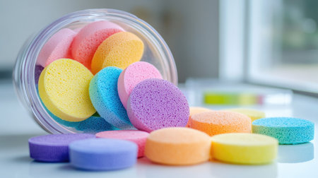 Rainbow makeup sponges spilling out of a clear container onto a white tableの素材