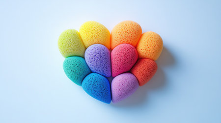 Rainbow-colored makeup sponges forming a heart shape, soft and colorful on a white backgroundの素材