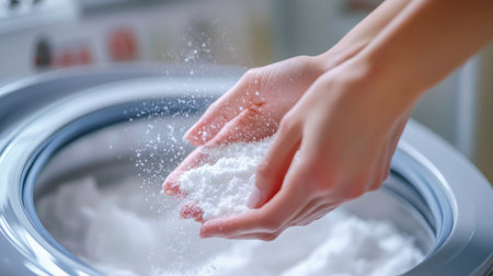 Person measuring powder detergent over washing machine, detailed view of hands and soap powderの素材