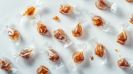 Variety of soft caramel candies in transparent wrappers, scattered on a light surfaceの素材