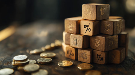Stack of wooden cubes with percent signs, with coins scattered around, symbolizing financial growthの素材