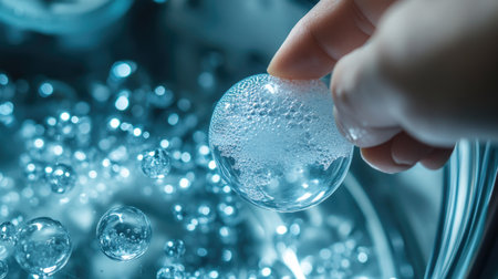 Person placing a detergent pod in a machine, bubbles starting to form, close-upの素材