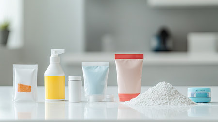 Variety of detergent types liquid, pods, and powder on a clean white surface, each labeled, side-by-sideの素材